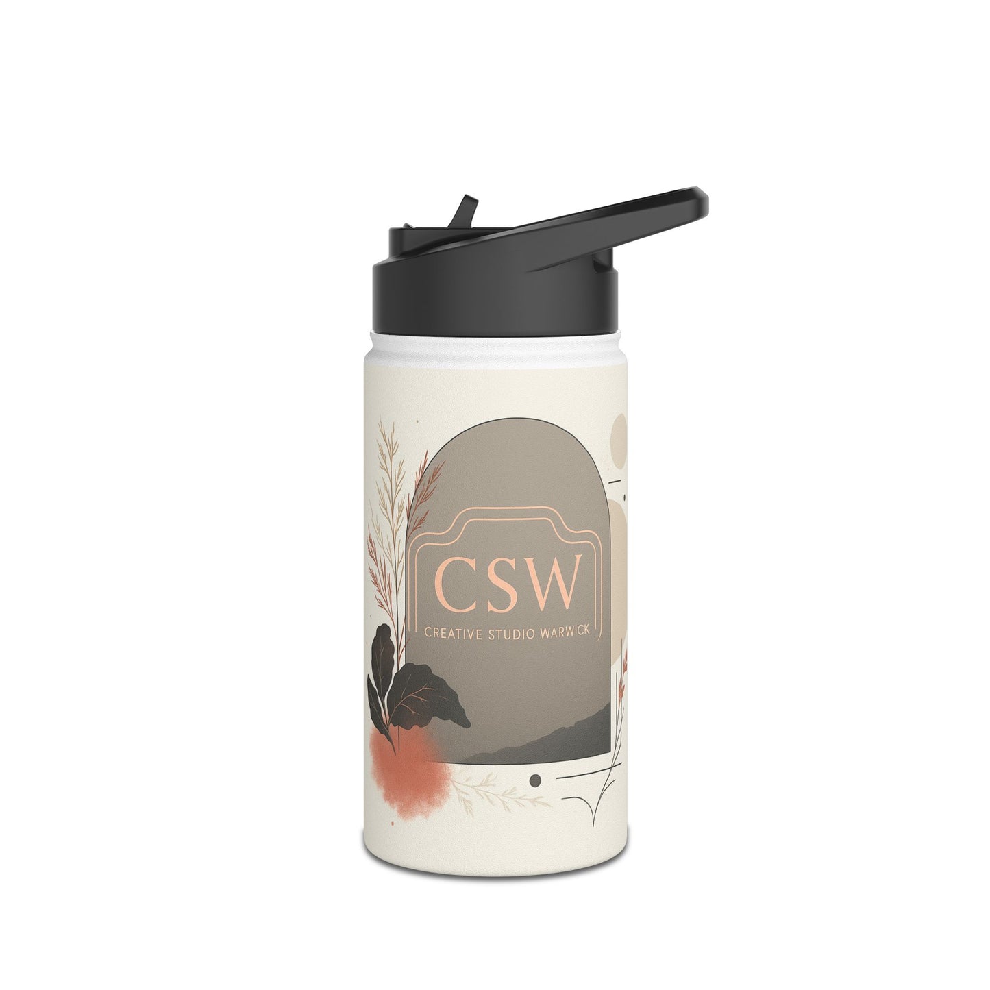 Botanical Minimalist Stainless Steel Water Bottle — Neutral Floral Design