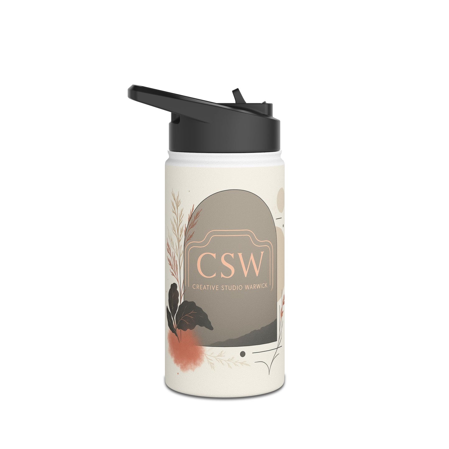 Botanical Minimalist Stainless Steel Water Bottle — Neutral Floral Design